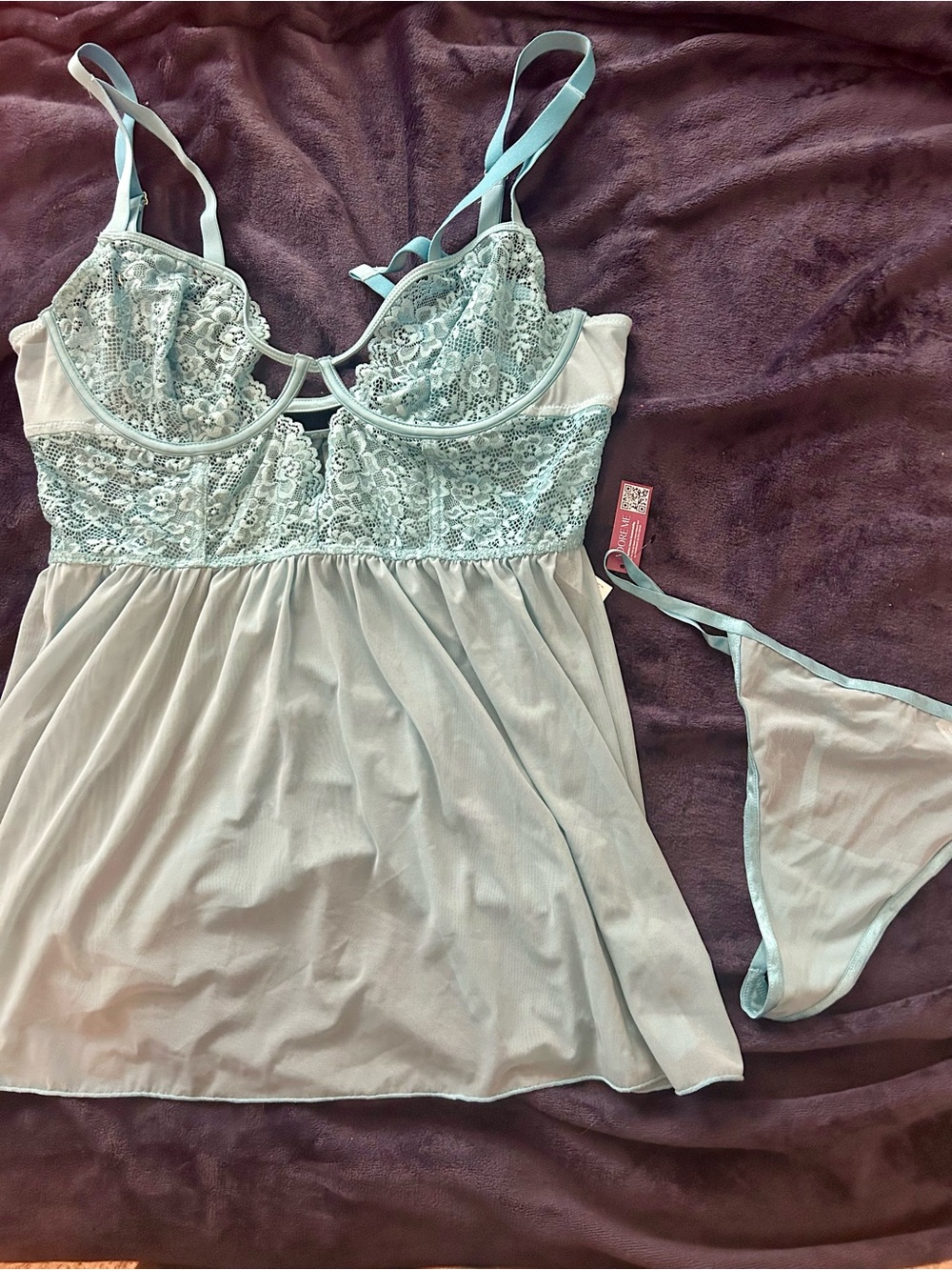 Adore Me Pale Blue Lace Babydoll Chemise with Matching Thong